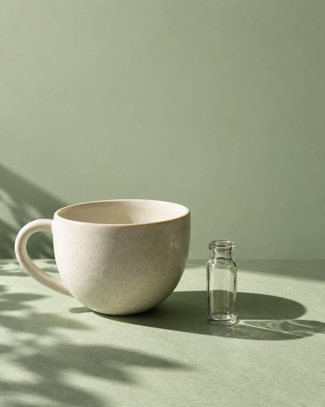 Conceptual still life of a ceramic cup and empty glass vial.