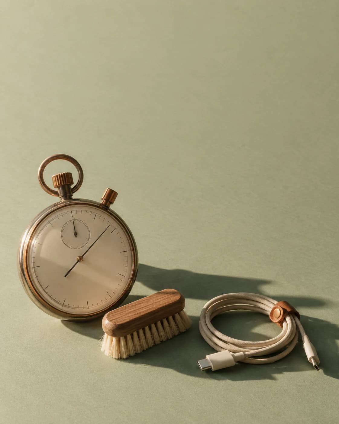 A mechanical stopwatch beside a cleaning brush and cable; conceptual still life about ownership tasks.