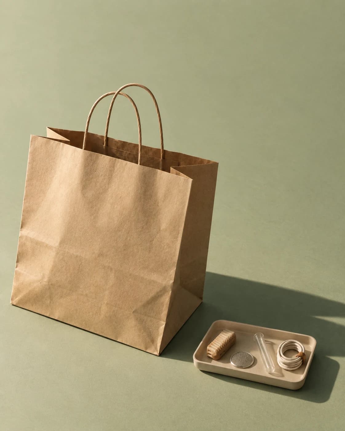 An oversized shopping bag beside a small tray of generic accessories; conceptual illustration of a complete basket.