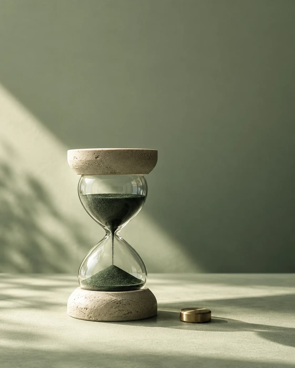A large hourglass beside a small button-like object; conceptual illustration of timed and requested intervals.